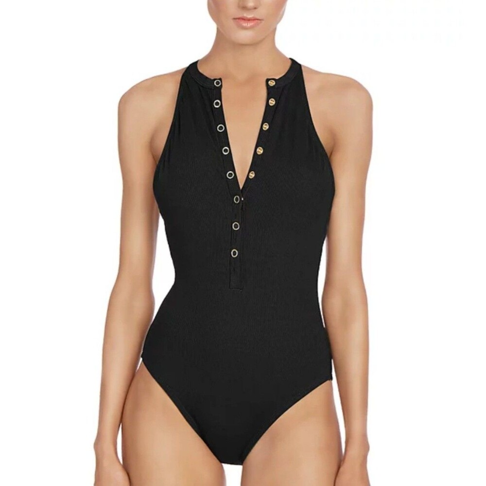 Old Navy Black Ribbed Halter One-Piece Swimsuit with Grommet Placket